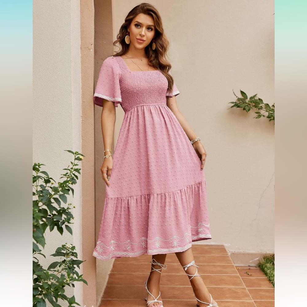 Dusty Rose color Smocked Square Neck A Line maxi dress with embroidery. NWOT.